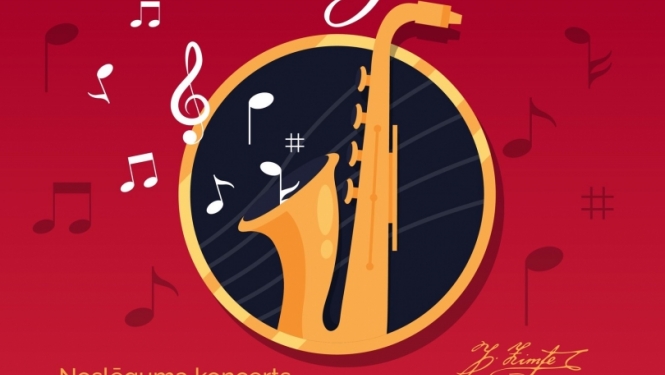 Sarkans fons ar saksofonu centrā un taustiņiem attēla apakšā