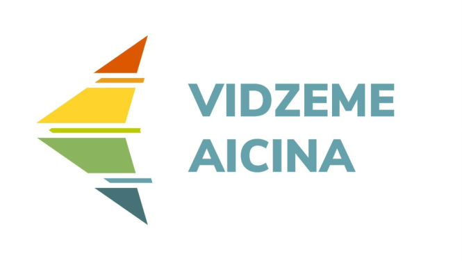 Daudzkrāsaina bultiņa un teksts Vidzeme Aicina