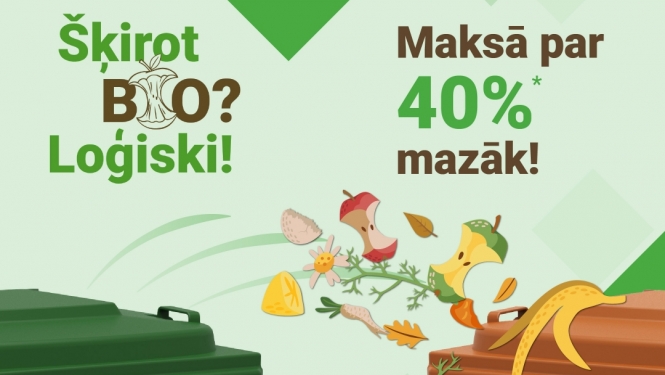 Zaļš baneris ar zaļu un brūnu atkritumu konteineriem