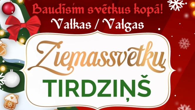 Izrotāta Ziemassvētku eglīte uz sarkana fona