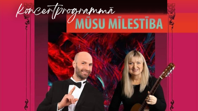 Smaidošs vīrietis un sieviete uz sarkana fona