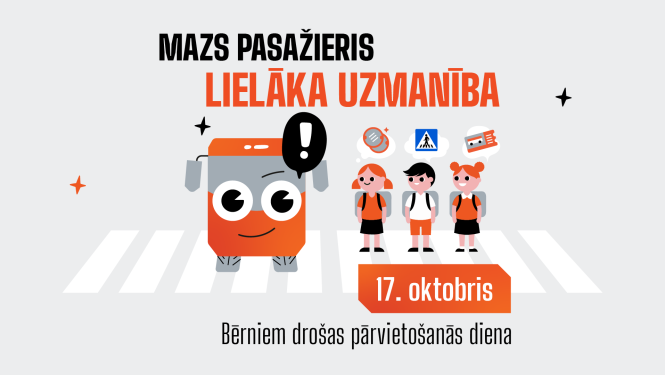 Zīmejums ar smaidīgu autobusu un trīs bērniem