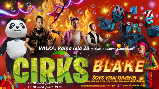 Sarkana raiba afiša ar pandu, klaunu un dažādiem cirka tēliem