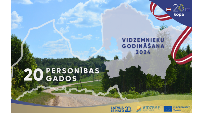 Ceļš ar mežu fonā un Latvijas kontūra ar izceltu Vidzemes reģionu