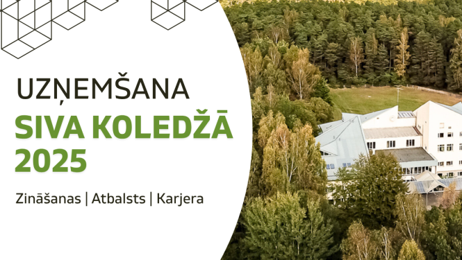 Baneris ar virsrakstu un SIVA koledžas ēku