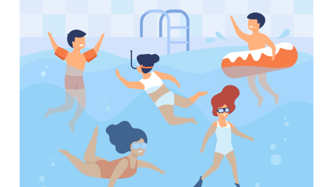 Ilustrācija ar dažāda vecuma un dzimuma peldētājiem baseinā