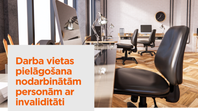 Afiša ar projekta aprakstu un bilde, kurā redzama ofisa telpa