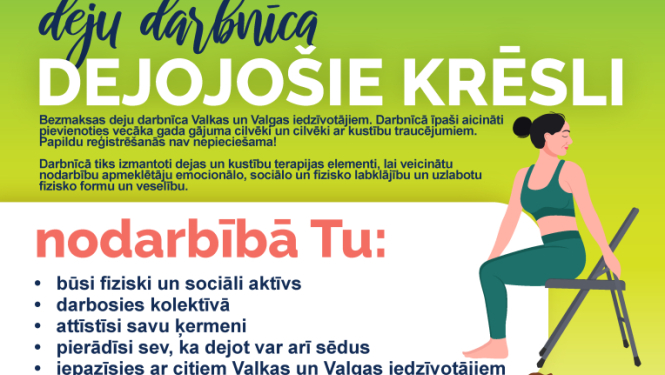 Krāsaina afiša ar tekstu un vingrotājiem krēslos un ratiņkrēslā
