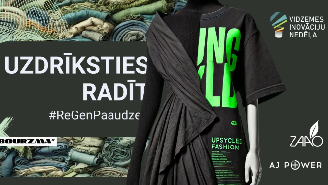 Fonā abstraktas testila faktūras, priekšplānā cilvēks ar radošu melnu T-kreklu ar neona zaļu uzrakstu