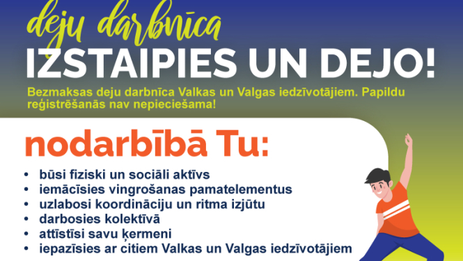 Krāsaina afiša ar aicinājuma tekstu un stilizētiem vingrotājiem