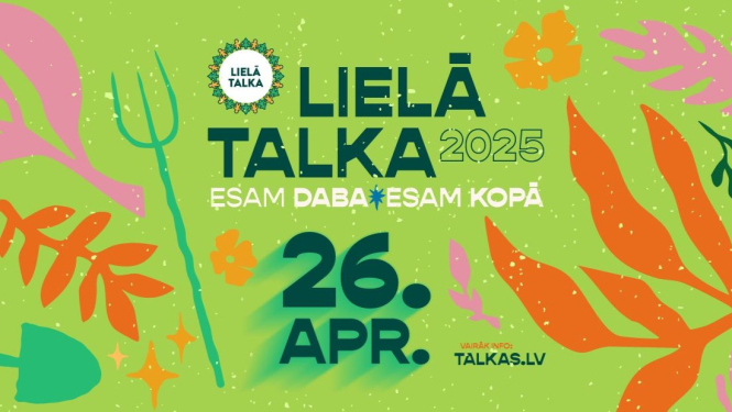 Zaļš stilizēts baneris ar virsrakstu "Lielā Talka" un norises datumu