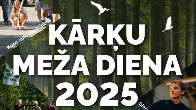 Fotogrāfija ar mežu un uzrakstu "Kārķu Meža diena 2025"