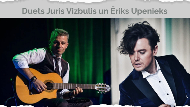 Divi vīriešu fotogrāfijas, viens no viņiem spēlē ģitāru.