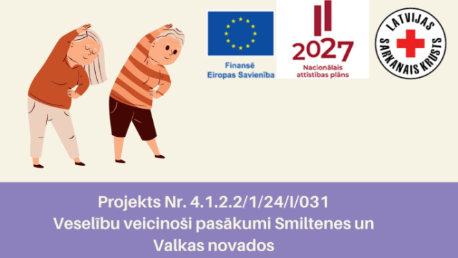 Projekta logo un stilizēti vingrojošu senioru ilustrācijas