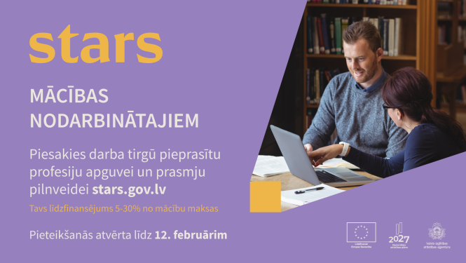 Baneris ar tekstu, fotogrāfija ar vīrieti un sievieti, kas lieto klēpjdatoru