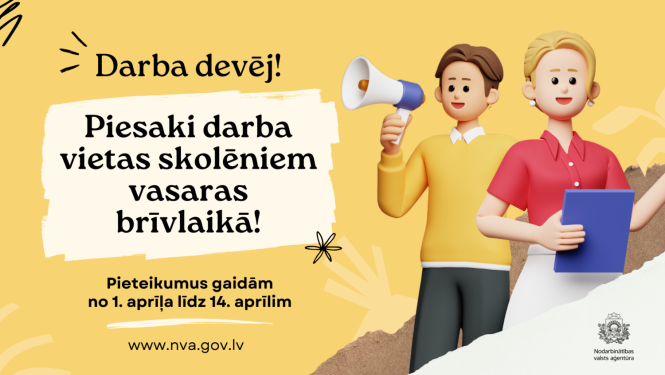 Stilizēti cilvēki ar ruporu aicina darba devējus pieteikt darba vietas skolēniem vasarā