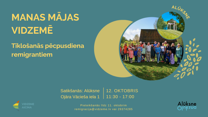 Zaļš baneris ar virsrakstu un pasākuma datumu un laiku