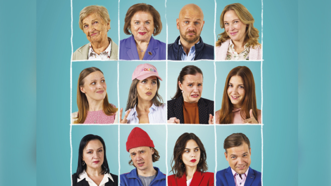 Divpadsmit cilvēku portreti uz zilganzaļa fona.