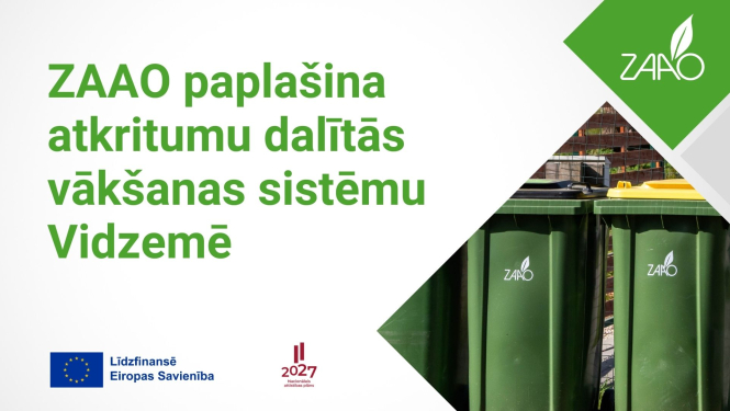 Balts baneris ar foto, kurā ir zaļas atkritumu konteineri