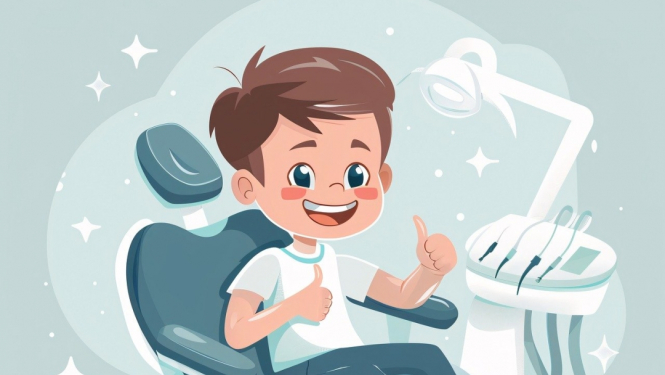 Smaidošs zēns zobārsta krēslā