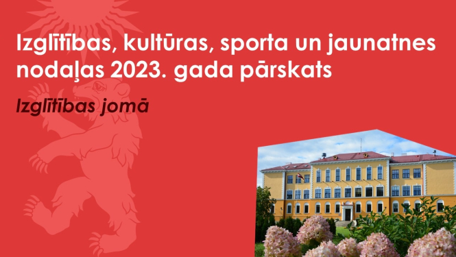 Sarkans baneris ar Valkas novada ģērboņa lāča siluetu un dzeltenu skolas ēku