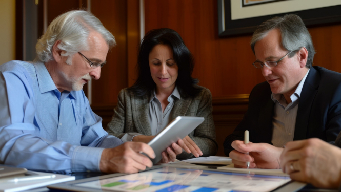 Trīs cilvēki sēž pie galda un skatās finanšu tabulās