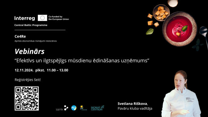 Melns baneris ar ēdienu un sievieti šefpavāra apģērbā