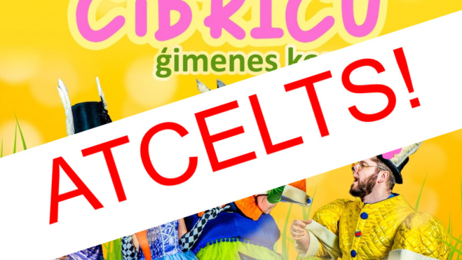 Dzeltena koncerta afiša, kurai pāri iet balta svītra ar lieliem sarkaniem burtiem "ATCELTS!"