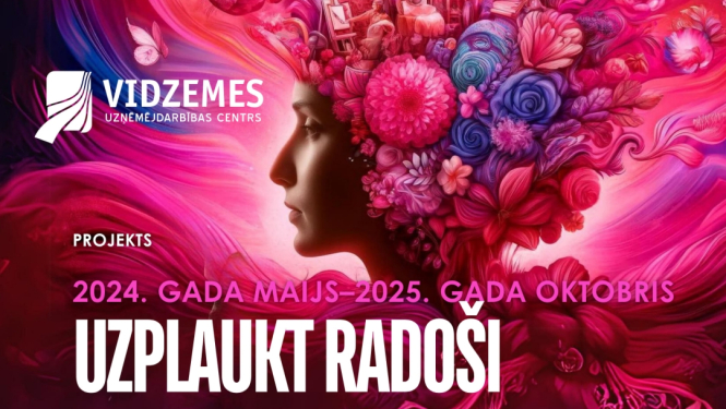 Baneris ar sievietes profilu un rozā puķēm