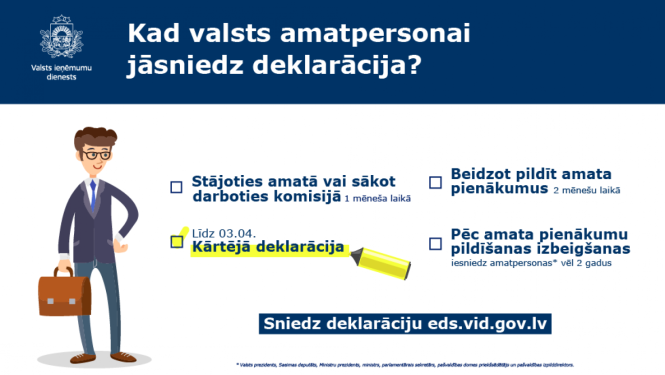 Līdz 3. aprīlim valsts amatpersonām jāiesniedz valsts amatpersonas kārtējā gada deklarācija par 2022. gadu
