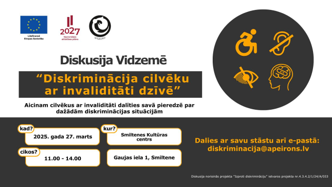 Semināra nosaukums, laiks un datums uz melnbalta banera ar oranžiem burtiem