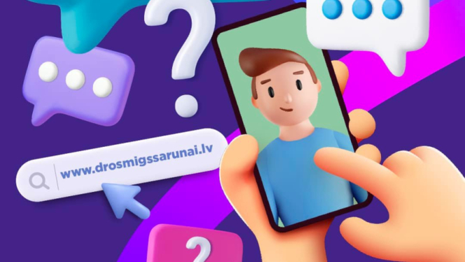 Krāsaina, stilizēta afiša ar viedtālruni rokās