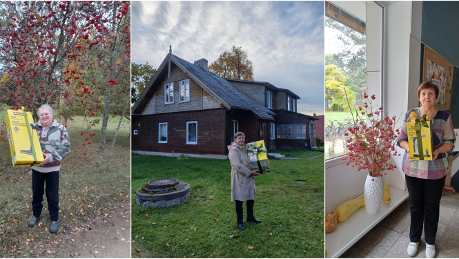 Trīs bildes ar sievietēm, kas rokās tur akcijā laimētās balvas