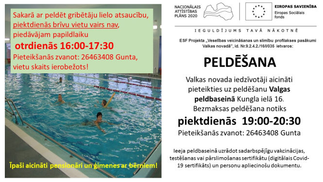 No 16. novembra tiek atsāktas bezmaksas peldēšanas aktivitātes, veselības veicināšanas projekta ietvaros