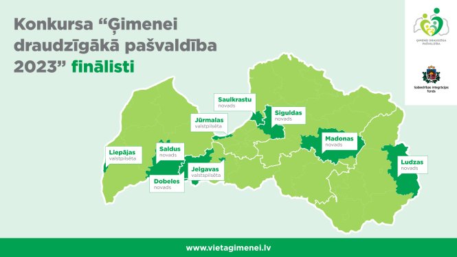 Latvijas karte ar konkursa finālistiem - pašvaldībām