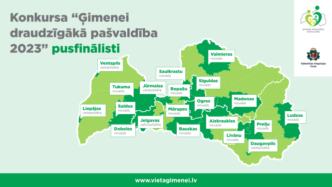 Latvijas karte ar pašvaldībām, kas izvirzītas konkursa pusfinālā