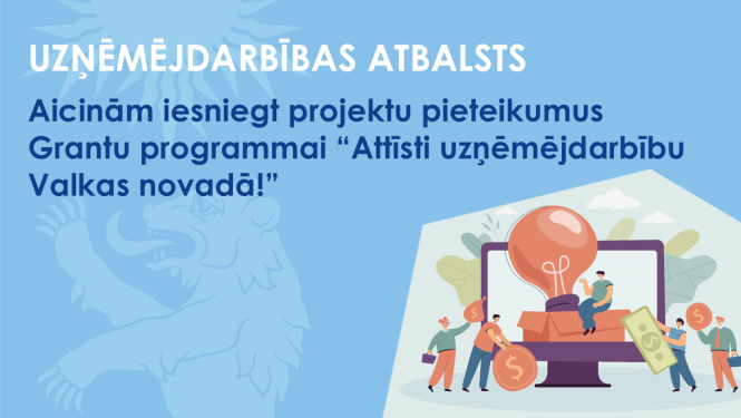 Zils baneris ar Valkas novada ģerboņa lāča siluetu un ilustrāciju ar smaidīgiem cilvēkiem, kas stutē ideju, ko representē spuldzīte 