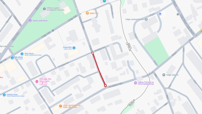 Valkas pilsētas karte ar iezīmētu ceļa posmu