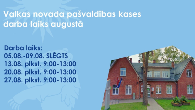 Zils baneris ar bildi, kurā redzama sarkana divstāvu ēka