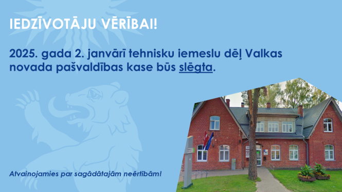 Zils baneris ar foto, kurā redzama sarkana divstāvīga ēka.