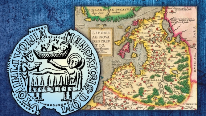 Afiša ar Livonijas karti un zīmogu