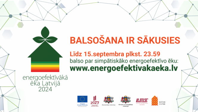 Zaļš ēkas siluets ar uzrakstu "Balsošana ir sākusies" 