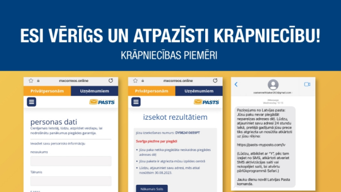 Zila un dzeltena inforgrafika ar krāpniecības piemēriem (SMS, e-pasti)