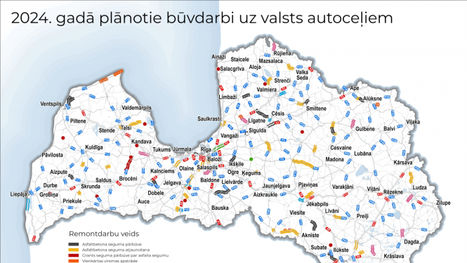 Latvijas karte ar ceļu būvdarbeim