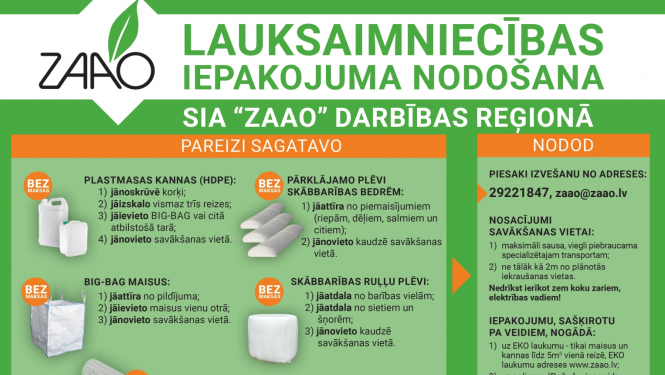 Zalš baneris ar ZAAO skaidrojumu par iepakojumu nodošanu