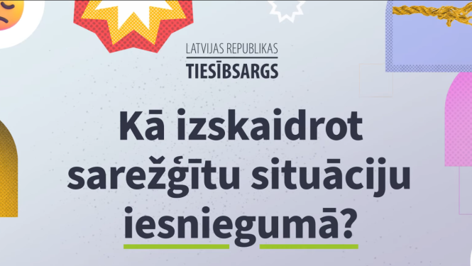 Pelēka baneris ar tekstu un dažādām krāsainām grafikām