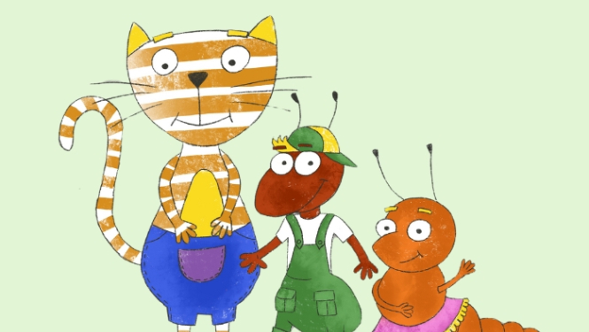 Kaķis, skudra un tārpiņš (stilizēts zimējums)