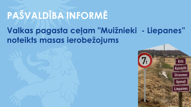 Baneris ar virsrakstu un rakstā minēto ceļu ar masas ierobežojuma aizlieguma zīmi