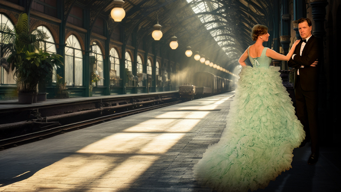 Sieviete greznā zaļā vakarkleitā un vīrietis smokingā uz vilcienu stacijas perona