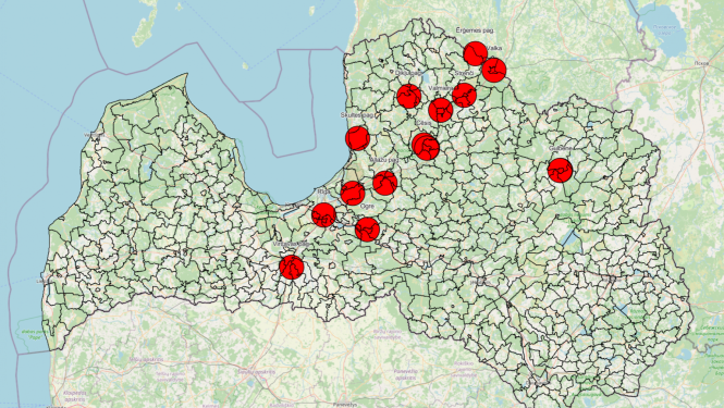 Latvijas karte ar sarkaniem atzīmētiem punktiem